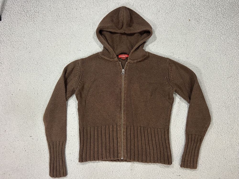 Sundance Sweater Womens Small Brown Hooded Full Zip Knit Raglan Ribbed Hem